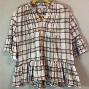 Loft Plaid Peplum V Neck Button Up
